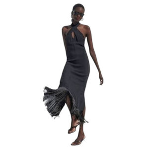 J. Crew Fringe Hem Halter-neck Dress Crepe Party Wedding Guest NWT Sz 10